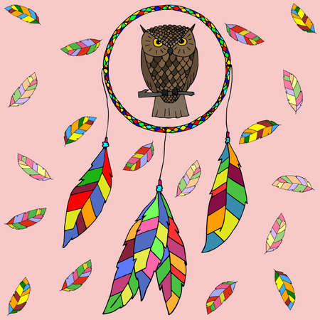 hand-drawn owl and dreamcatcherのイラスト素材