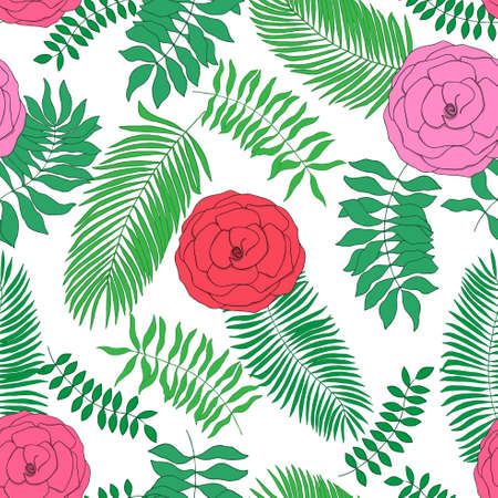 Seamless pattern with hand-drawn tropical leaves and rosesのイラスト素材
