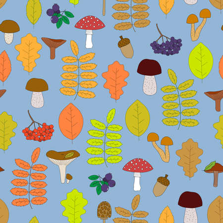 Autumn pattern. Seamless pattern with hand-drawn colorful leaves, berries and mushroomsのイラスト素材