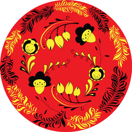 illustration of circle made of flowers and leaves. Round shape made of leaves and flowers. Russian styleのイラスト素材