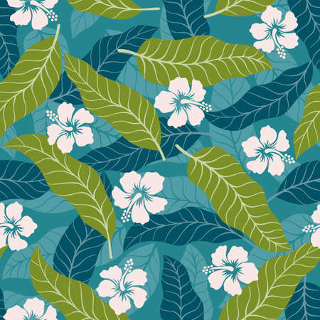 Tropical background with palm leaves. Seamless floral pattern. Summer vector illustration. Flat jungle printのイラスト素材