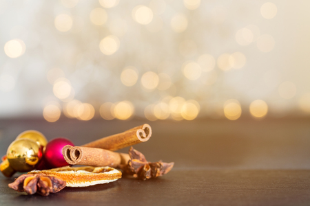 Christmas decoration with bright warm bokeh lights in background as templateの写真素材