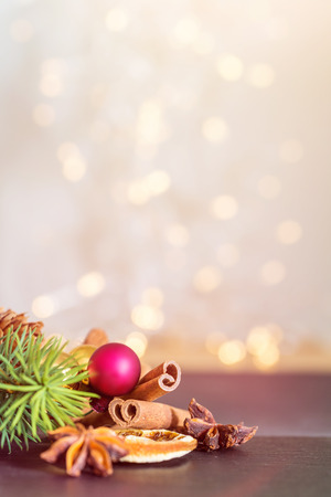 Christmas decoration with bright festive bokeh lights in background as templateの写真素材