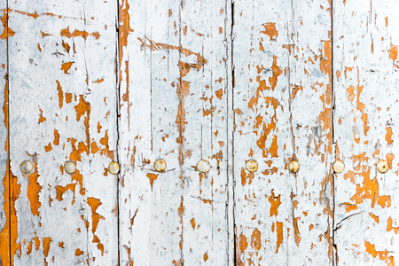 Weathered old worn wooden textured planks for wall or floor in white and brown with rusty nails as backgroundの写真素材