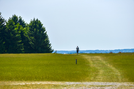 Hiking path through the natural reserve area in Eifel Germany with blue sky as backgroundの写真素材