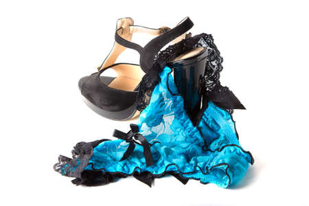 Ladies shoes and panty  isolated on white backgroundの写真素材