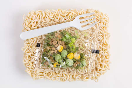 instant noodles on a white backgroundの写真素材