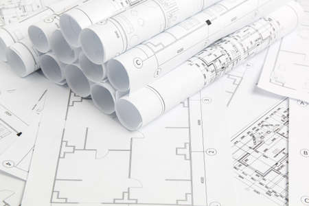Paper architectural drawings and blueprint. Engineering blueprint.