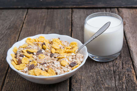 Diet food muesli and milk. Healthy diet food.