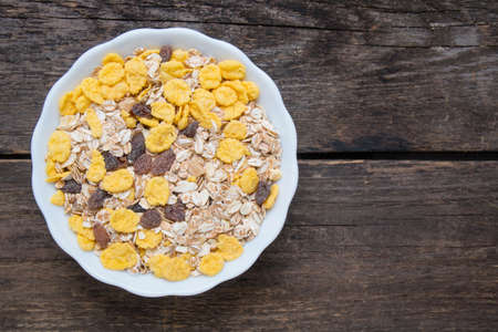 Diet food muesli and milk. Healthy diet food. Top view with copy space