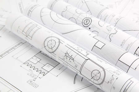 rolls paper engineering drawings of mechanisms and machineの写真素材