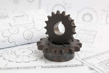 engineering drawings of industrial parts and mechanisms and driving sprockets