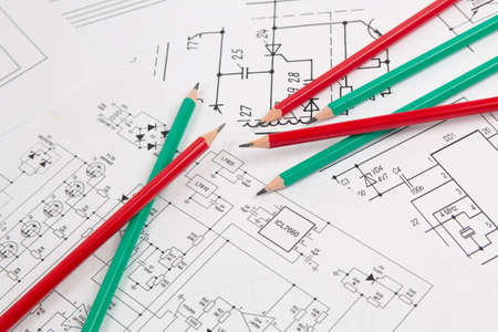 paper electrical engineering drawings and pencilsの写真素材