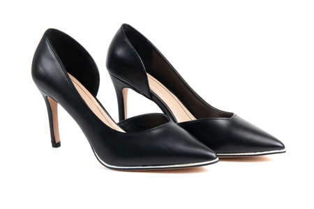 Women black classic shoes on a white backgroundの写真素材