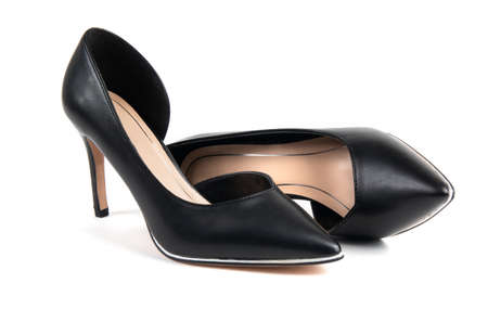 Women black classic shoes on a white backgroundの写真素材