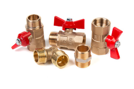 Plumbing gate ball vales and fitting on a white backgroundの写真素材