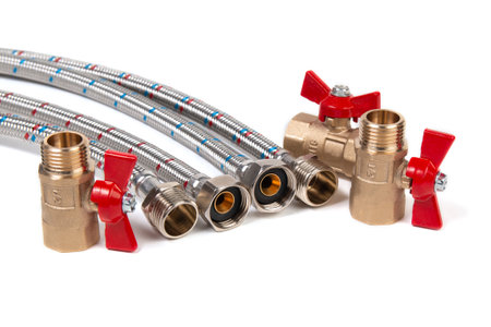 Plumbing gate ball vales, flexible water hose and fittingsの写真素材