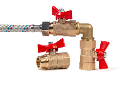 Plumbing gate ball vales, flexible water hose and fittingsの写真素材