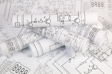Work of an electronic engineer. Electrical engineering drawings close up.の写真素材