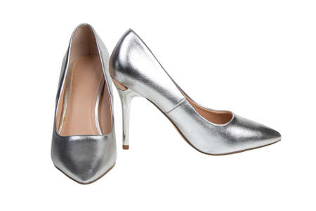 womens silver classic shoes on a white backgroundの写真素材