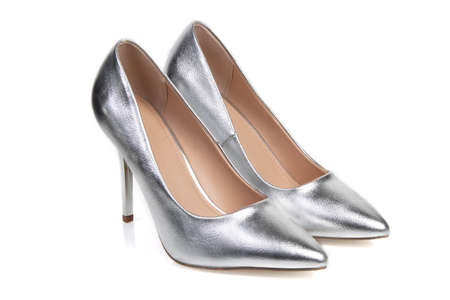 womens silver classic shoes on a white backgroundの写真素材