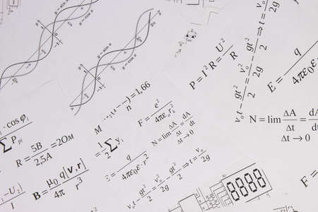 printed on paper mathematical electrical formulas, graphs and engineering drawingsの写真素材
