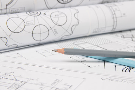 engineering drawings of industrial parts and mechanismsの写真素材