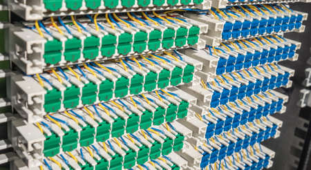 Wiring for broadband cabinet, the interior of the street cabinet with wires connecting the telephone cables to the exchange.の写真素材