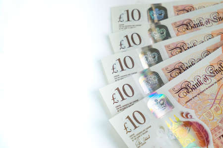 Five ten pound notes, UK moneyの写真素材