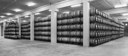 Wine barrels in an aging process at spanish cellar black and whiteの写真素材