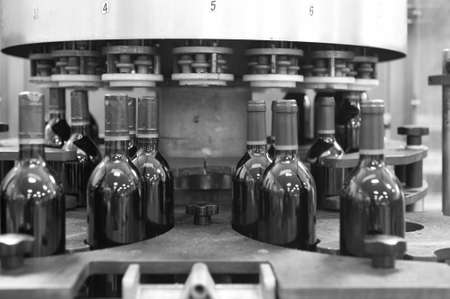 Wine cellar automatic bottling process Spain horizontal black and whiteの写真素材