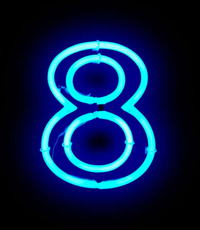 Neon light number 8 isolated on black backgroundの写真素材
