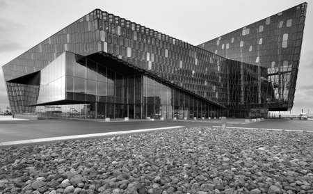 Exterior of Harpa Concert Hall in Reykjavik black and white