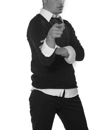 Young man Indicating to the front isolated on white background
