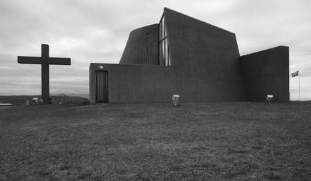 Blonduos concrete church North Iceland black and whiteの写真素材