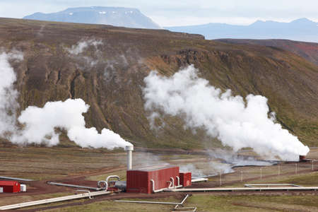 Icelandic landscape with geothermal plant  Horizontal のeditorial素材
