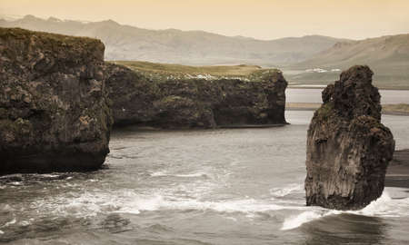 Icelandic landscape with cliffs and birds 