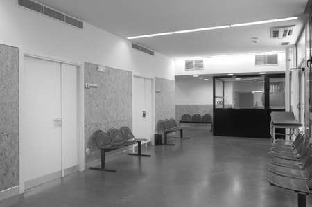 Hospital waiting area with metallic chairs  Horizontal のeditorial素材