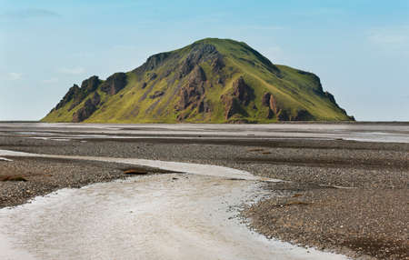 Icelandic landscape with mountain and river  Horizontal viewの写真素材