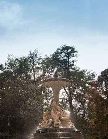 Stone fountain in a park with blue sky  Verticalの写真素材