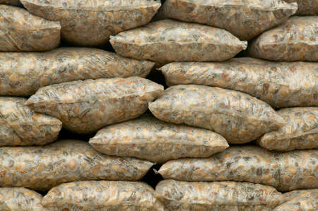 Plastic bags filled with stones for construction use  Horizontal
