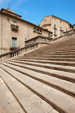 Stone stairway and old houses in Girona  Spainの写真素材