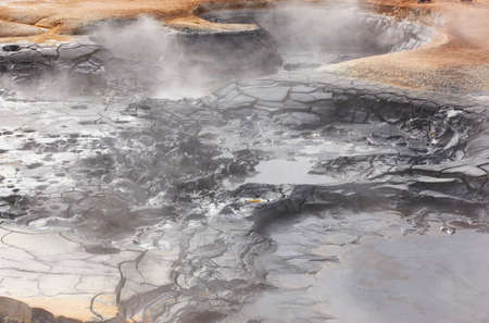 Icelandic landscape with volcanic area and geothermal ventsの写真素材