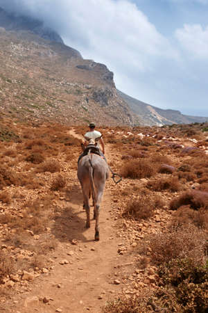 Carrier donkey and a man in a pathway. Crete. Greece. Verticalのeditorial素材