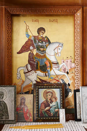 Byzantine iconography inside a cretan church. Verticalのeditorial素材