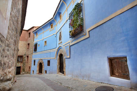 Picturesque blue facade house in Albarracin. Spain. Horizontalのeditorial素材