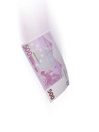 Five hundred euro bill falling isolated on white. Vertical formatの写真素材