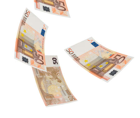 Fifty euro bills collage isolated on white. Horizontal formatの写真素材