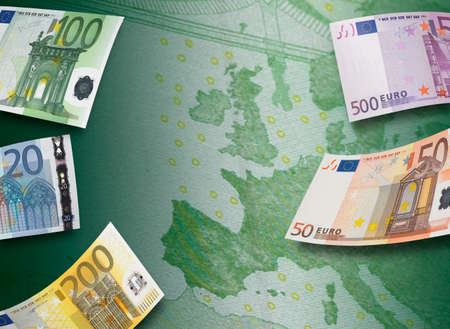 Euro bill collage and Europe map. Horizontal formatの写真素材