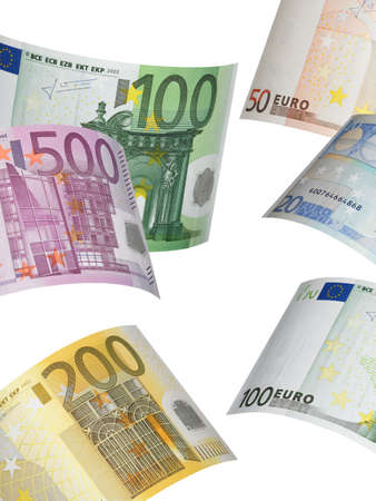Euro bill collage isolated on white. Vertical format